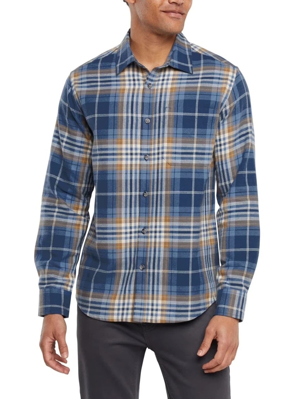 Eddie Bauer Blue Plaid Button-Down Shirt with Tan Accents